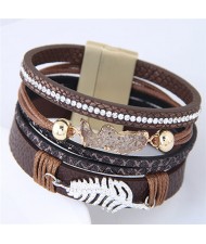 Alloy Leaf Attached Multi-layer Wide Style Magnet Fashion Bangle - Brown