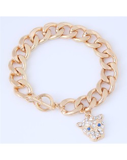 Rhinestone Embellished Leopard Head Pendant Golden Fashion Alloy Bracelet