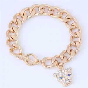 Rhinestone Embellished Leopard Head Pendant Golden Fashion Alloy Bracelet