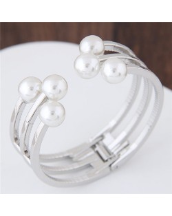 Pearl Embellished Open-end Fashion Alloy Bangle - Silver