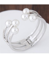 Pearl Embellished Open-end Fashion Alloy Bangle - Silver