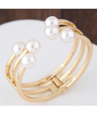 Pearl Embellished Open-end Fashion Alloy Bangle - Golden
