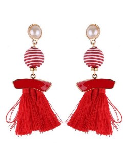 Stripes Button with Triple Strands Cotton Threads Tassel Design Fashion Earrings - Red