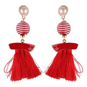 Stripes Button with Triple Strands Cotton Threads Tassel Design Fashion Earrings - Red