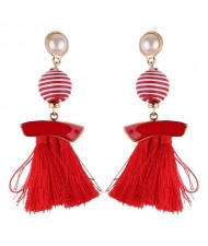 Stripes Button with Triple Strands Cotton Threads Tassel Design Fashion Earrings - Red