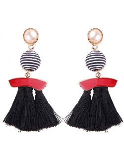 Stripes Button with Triple Strands Cotton Threads Tassel Design Fashion Earrings - Black