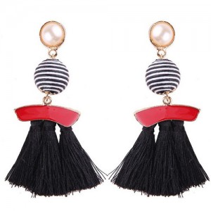 Stripes Button with Triple Strands Cotton Threads Tassel Design Fashion Earrings - Black