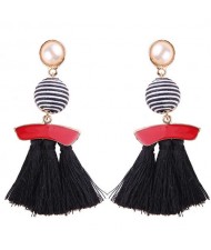 Stripes Button with Triple Strands Cotton Threads Tassel Design Fashion Earrings - Black