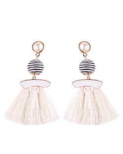 Stripes Button with Triple Strands Cotton Threads Tassel Design Fashion Earrings - White