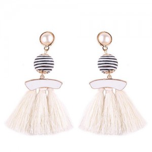 Stripes Button with Triple Strands Cotton Threads Tassel Design Fashion Earrings - White