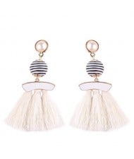 Stripes Button with Triple Strands Cotton Threads Tassel Design Fashion Earrings - White