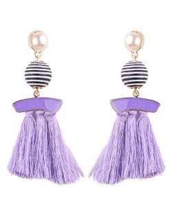 Stripes Button with Triple Strands Cotton Threads Tassel Design Fashion Earrings - Violet