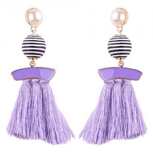 Stripes Button with Triple Strands Cotton Threads Tassel Design Fashion Earrings - Violet