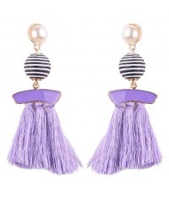 Stripes Button with Triple Strands Cotton Threads Tassel Design Fashion Earrings - Violet