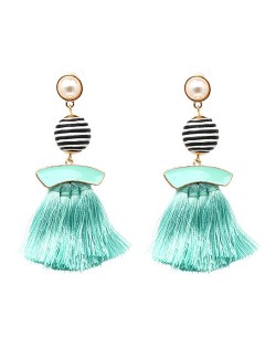 Stripes Button with Triple Strands Cotton Threads Tassel Design Fashion Earrings - Green