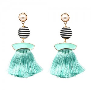 Stripes Button with Triple Strands Cotton Threads Tassel Design Fashion Earrings - Green