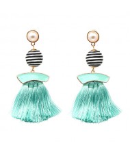 Stripes Button with Triple Strands Cotton Threads Tassel Design Fashion Earrings - Green