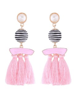 Stripes Button with Triple Strands Cotton Threads Tassel Design Fashion Earrings - Light Orange