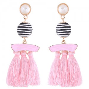 Stripes Button with Triple Strands Cotton Threads Tassel Design Fashion Earrings - Pink