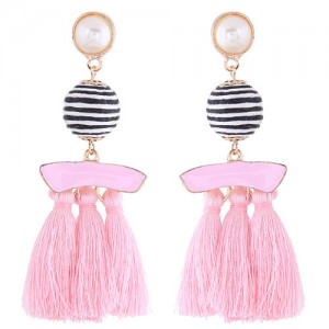 Stripes Button with Triple Strands Cotton Threads Tassel Design Fashion Earrings - Pink