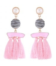 Stripes Button with Triple Strands Cotton Threads Tassel Design Fashion Earrings - Pink