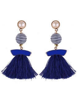 Stripes Button with Triple Strands Cotton Threads Tassel Design Fashion Earrings - Royal Blue