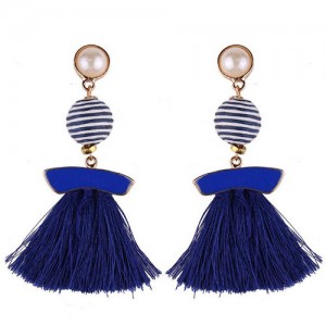 Stripes Button with Triple Strands Cotton Threads Tassel Design Fashion Earrings - Royal Blue