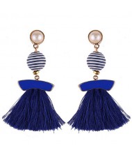 Stripes Button with Triple Strands Cotton Threads Tassel Design Fashion Earrings - Royal Blue