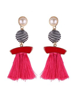 Stripes Button with Triple Strands Cotton Threads Tassel Design Fashion Earrings - Rose