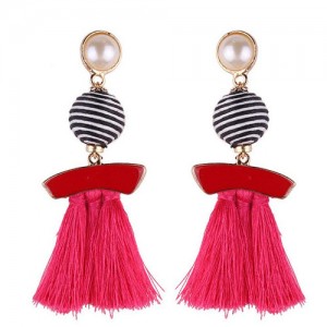 Stripes Button with Triple Strands Cotton Threads Tassel Design Fashion Earrings - Rose