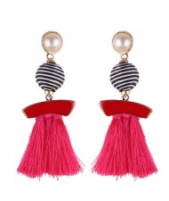 Stripes Button with Triple Strands Cotton Threads Tassel Design Fashion Earrings - Rose