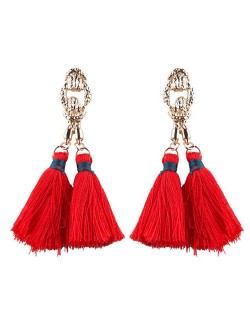 Vintage Coarse Linked Chain Design Cotton Threads Tassel Latin American Fashion Earrings - Red