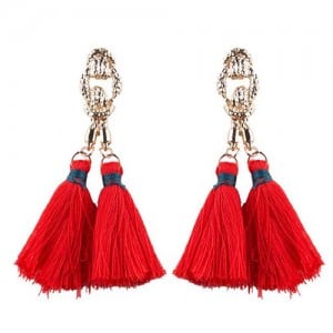 Vintage Coarse Linked Chain Design Cotton Threads Tassel Latin American Fashion Earrings - Red