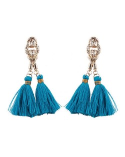 Vintage Coarse Linked Chain Design Cotton Threads Tassel Latin American Fashion Earrings - Blue