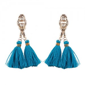Vintage Coarse Linked Chain Design Cotton Threads Tassel Latin American Fashion Earrings - Blue