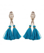 Vintage Coarse Linked Chain Design Cotton Threads Tassel Latin American Fashion Earrings - Blue