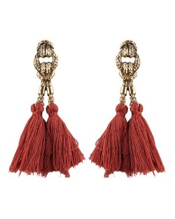 Vintage Coarse Linked Chain Design Cotton Threads Tassel Latin American Fashion Earrings - Brown