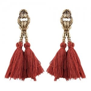 Vintage Coarse Linked Chain Design Cotton Threads Tassel Latin American Fashion Earrings - Brown