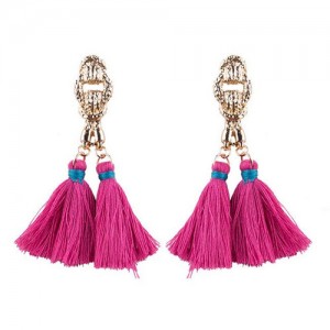 Vintage Coarse Linked Chain Design Cotton Threads Tassel Latin American Fashion Earrings - Rose