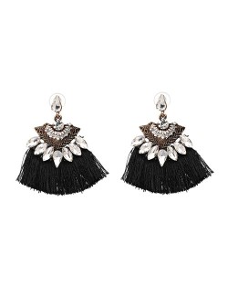 Shining Rhinestone Flower Design Cotton Threads Tassel Costume Earrings - Black