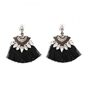 Shining Rhinestone Flower Design Cotton Threads Tassel Costume Earrings - Black