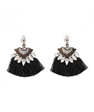 Shining Rhinestone Flower Design Cotton Threads Tassel Costume Earrings - Black