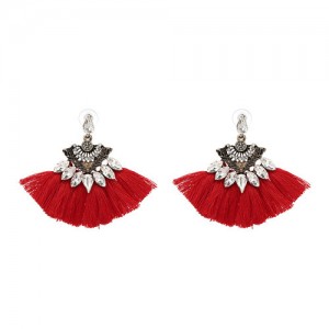 Shining Rhinestone Flower Design Cotton Threads Tassel Costume Earrings - Red