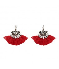 Shining Rhinestone Flower Design Cotton Threads Tassel Costume Earrings - Red