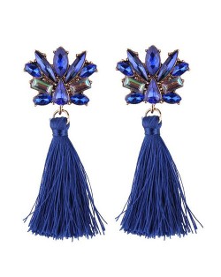Vintage Style Gems Combined Flower Shining Fashion Cotton Threads Tassel Stud Earrings - Royal Blue