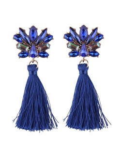 Vintage Style Gems Combined Flower Shining Fashion Cotton Threads Tassel Stud Earrings - Royal Blue