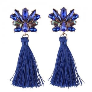 Vintage Style Gems Combined Flower Shining Fashion Cotton Threads Tassel Stud Earrings - Royal Blue