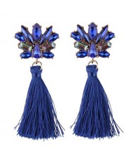 Vintage Style Gems Combined Flower Shining Fashion Cotton Threads Tassel Stud Earrings - Royal Blue