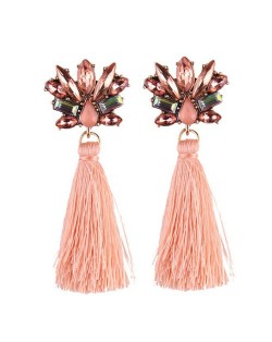 Vintage Style Gems Combined Flower Shining Fashion Cotton Threads Tassel Stud Earrings - Light Orange