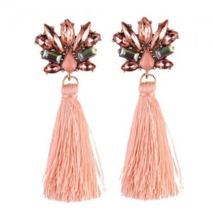 Vintage Style Gems Combined Flower Shining Fashion Cotton Threads Tassel Stud Earrings - Light Orange